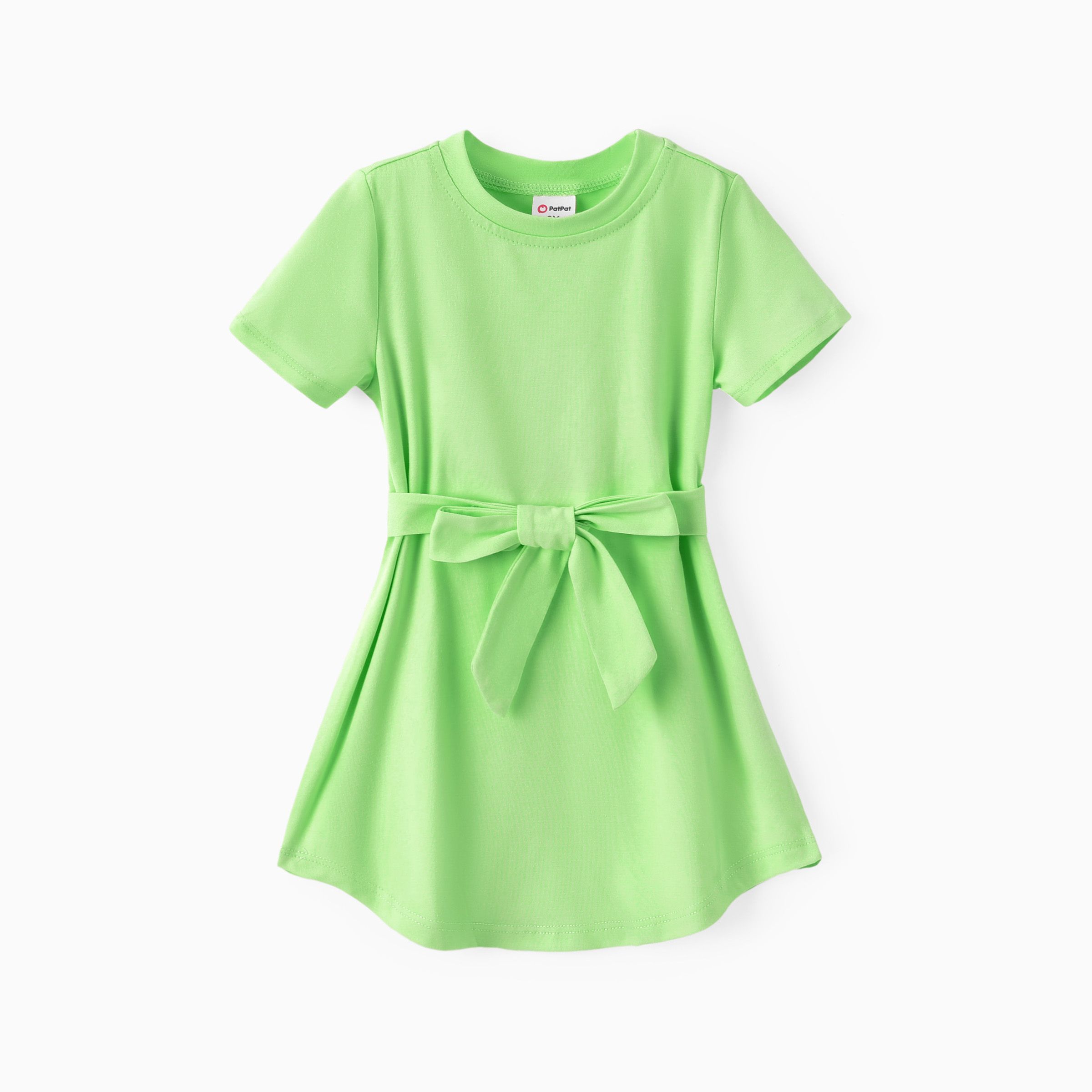 

Toddler Girl Solid Curved Hem Short-sleeve Belted Dress
