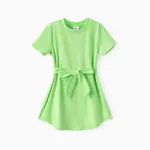 Toddler Girl Solid Curved Hem Short-sleeve Belted Dress lightgreen