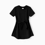Toddler Girl Solid Curved Hem Short-sleeve Belted Dress Black