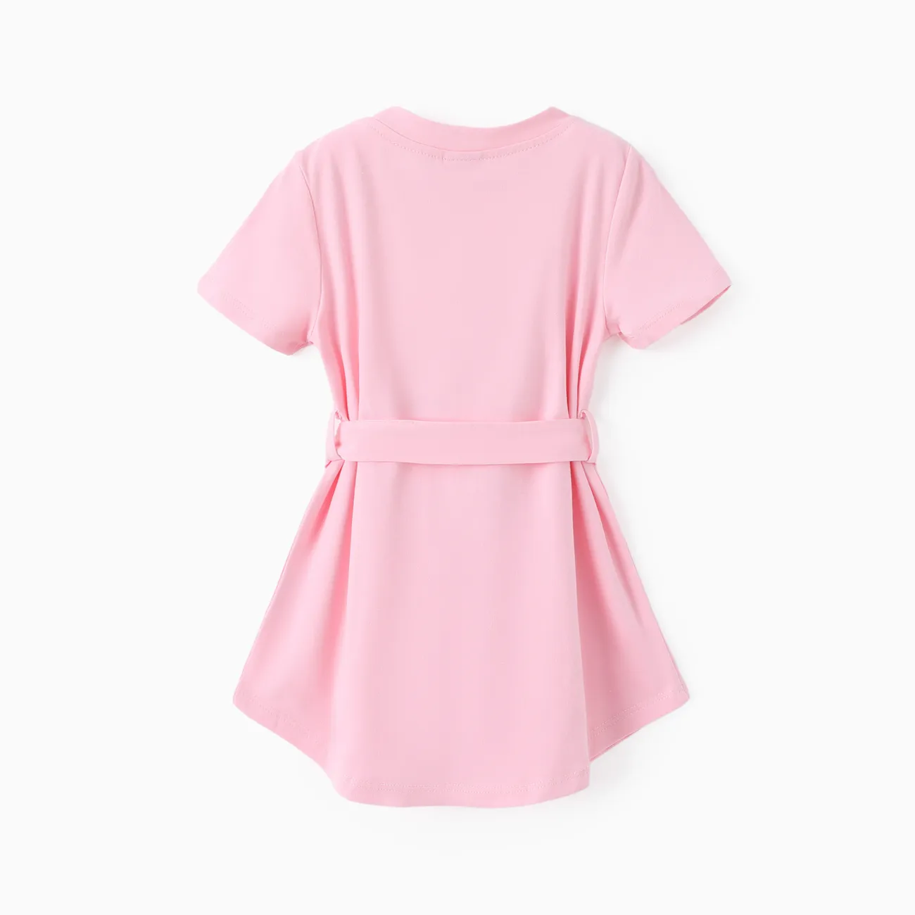 Toddler Girl Solid Curved Hem Short-sleeve Belted Dress Light Pink big image 1