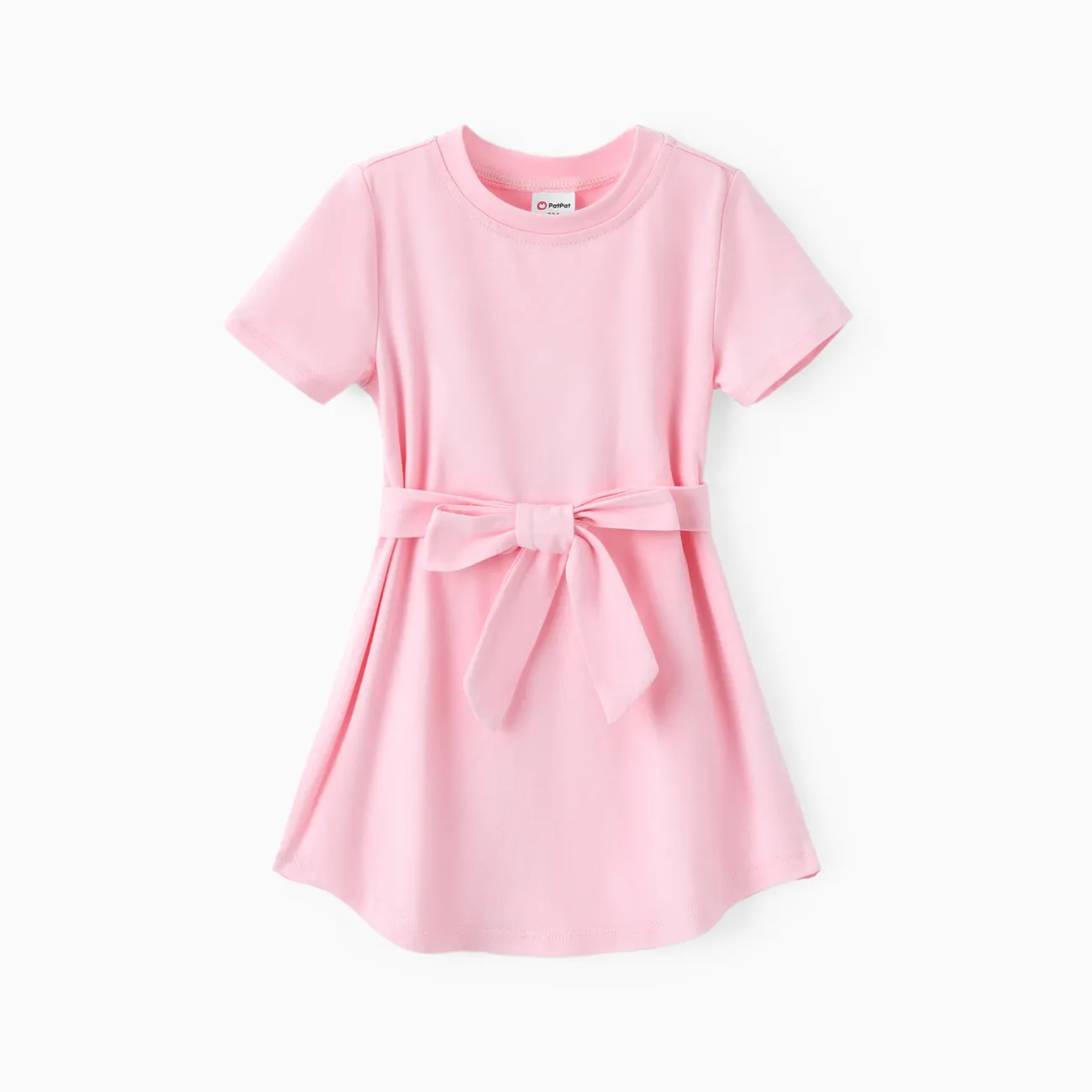 Toddler Girl Solid Curved Hem Short-sleeve Belted Dress Light Pink big image 1
