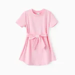 Toddler Girl Solid Curved Hem Short-sleeve Belted Dress Light Pink