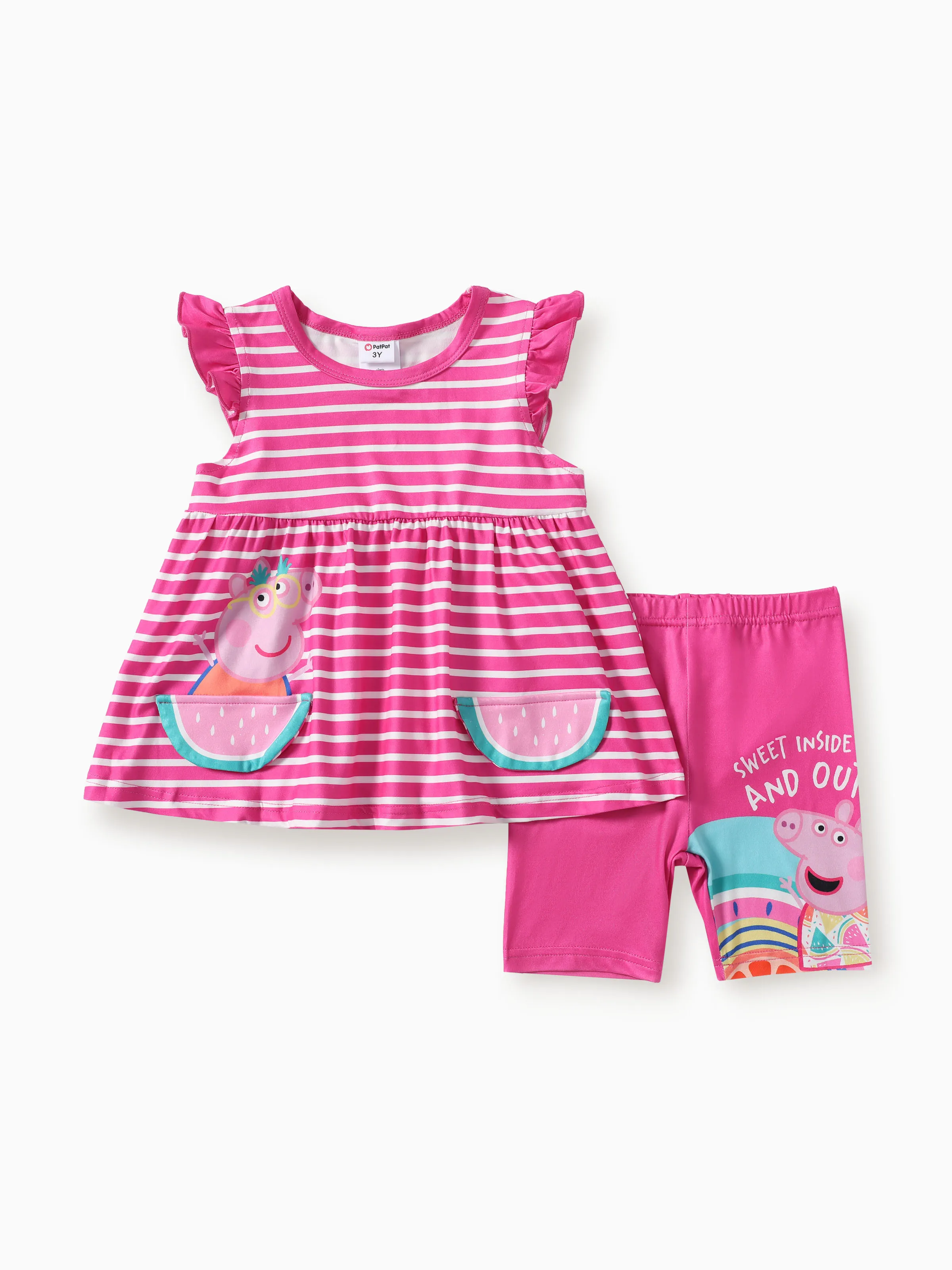 

Peppa Pig Toddler Girls 2pcs Character Print 3D Watermelon Pocket/Striped Flutter-sleeve Top with Shorts Set