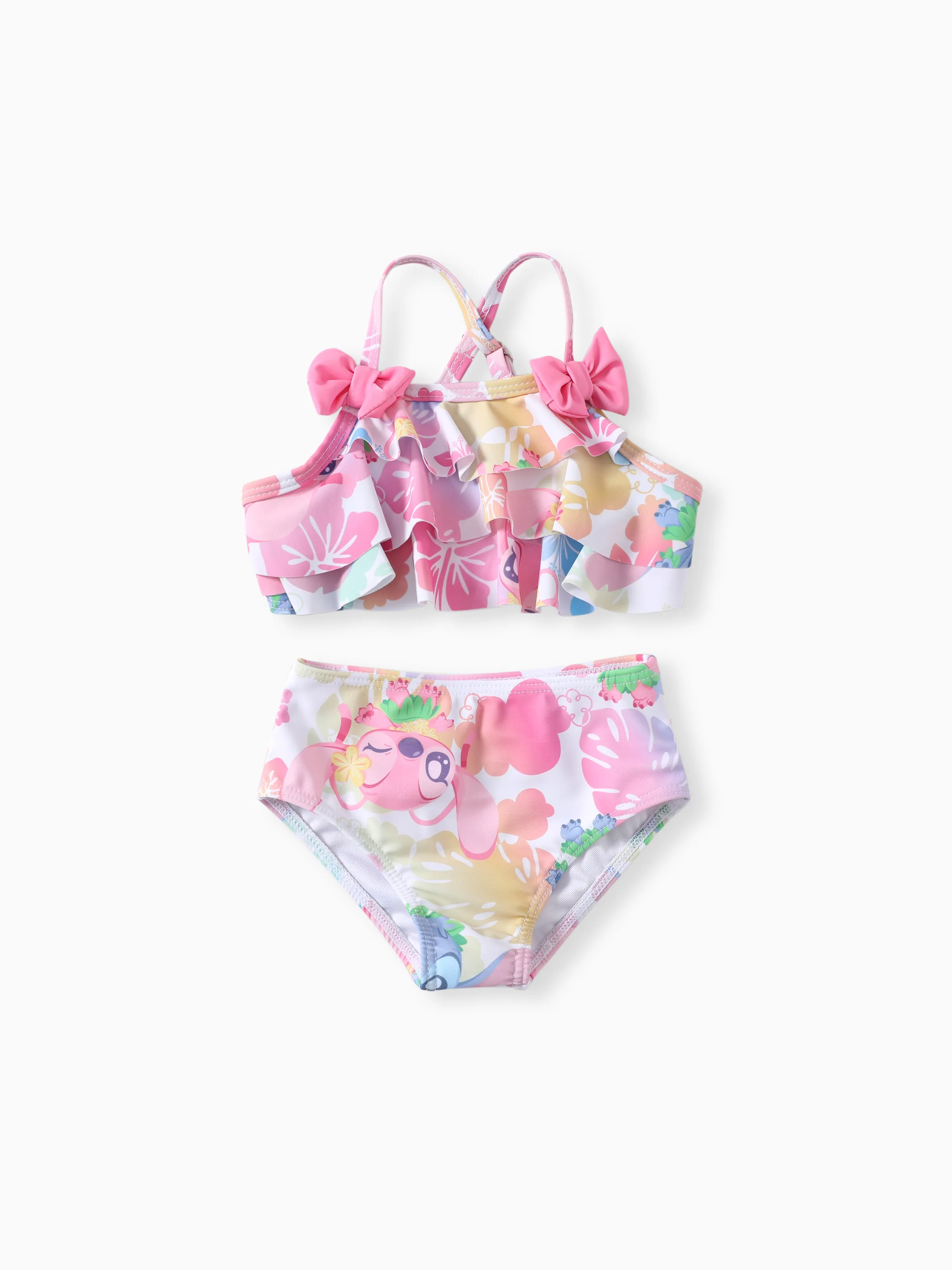 Disney Stitch Bebé / Niña Pequeña 2pcs Personaje Floral Estampado Todo Encima Lazo Volantes Traje de Baño