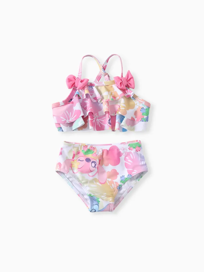 Disney Stitch Baby/Toddler Girls 2pcs Personagem Floral All-over Print Bow Ruffle Swimsuit