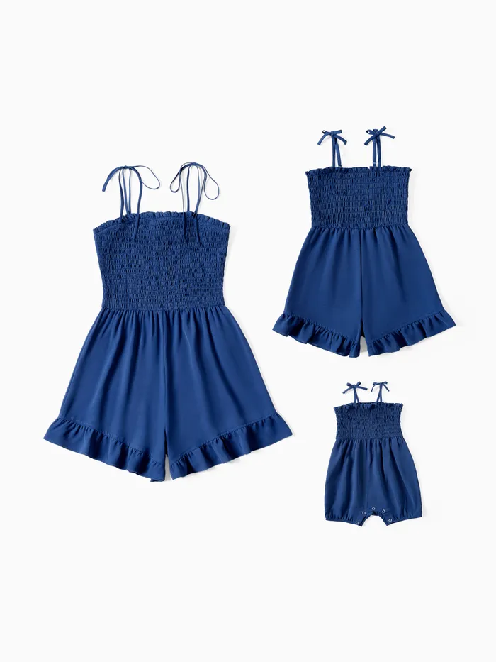Mommy and Me Matching Navy Blue Shirred Top Ruffle Hem Strap Romper