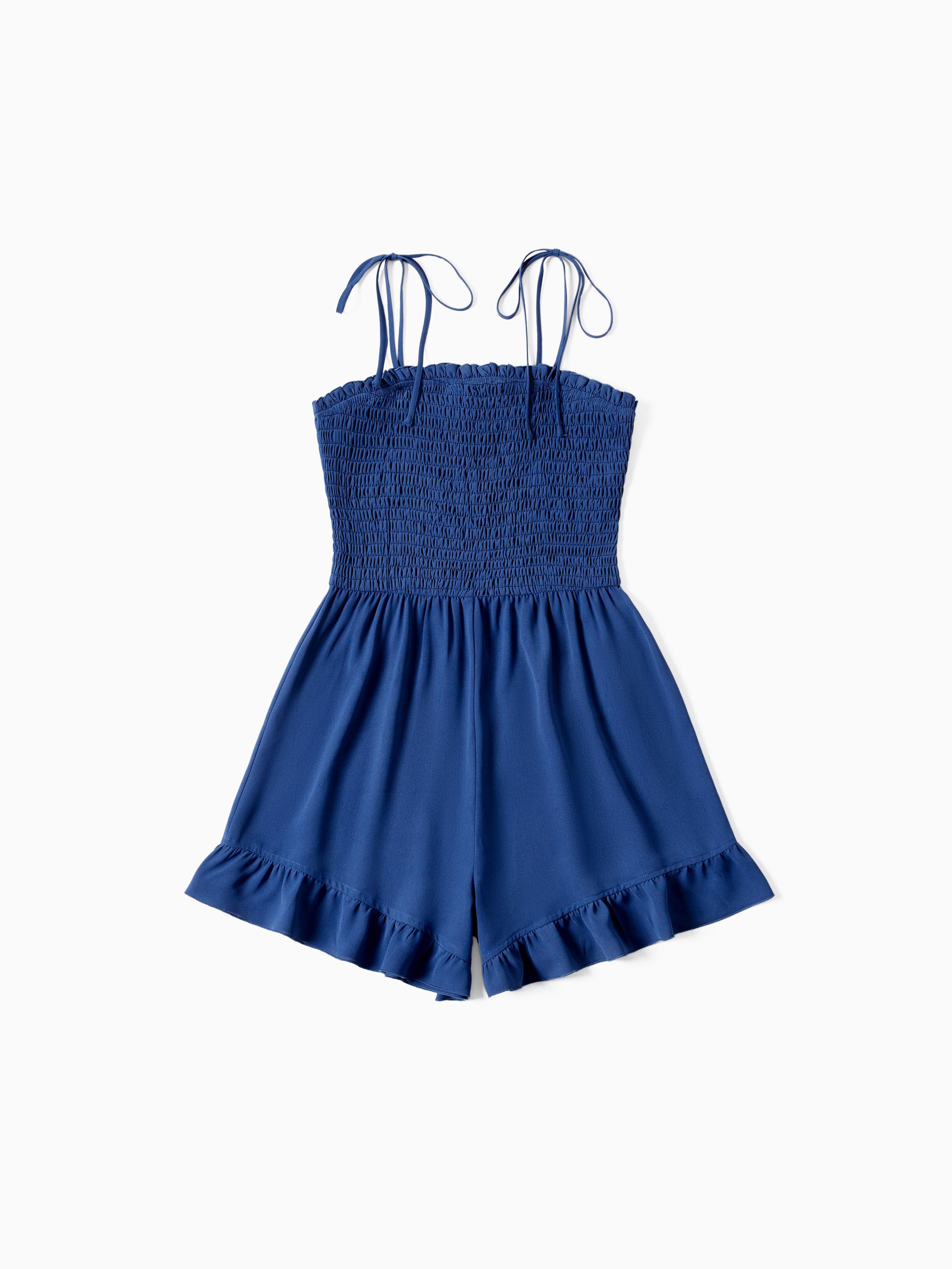 

Mommy and Me Matching Navy Blue Shirred Top Ruffle Hem Strap Romper