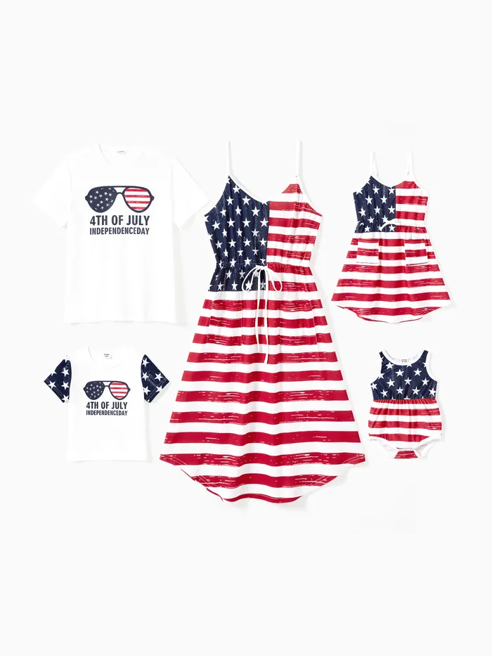 Independence Day Family Matching Sets Sunglasses Print Tee and American Flag Print Drawstring Waist Strap Dress with Pockets