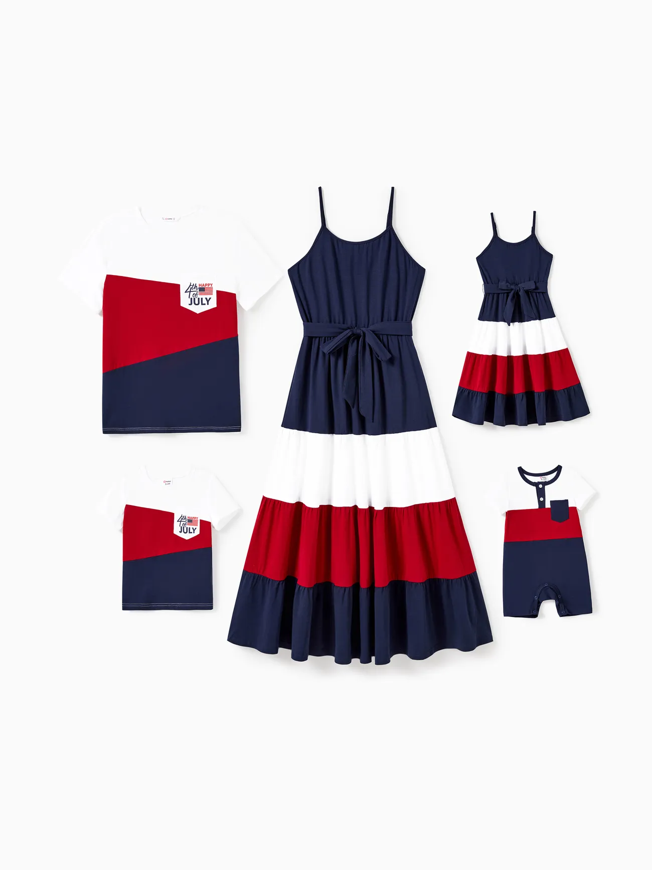 Family Matching Color Block Tee and Strap Belted A-Line Pleated Ruffle Hem Dress Sets MultiColour big image 1