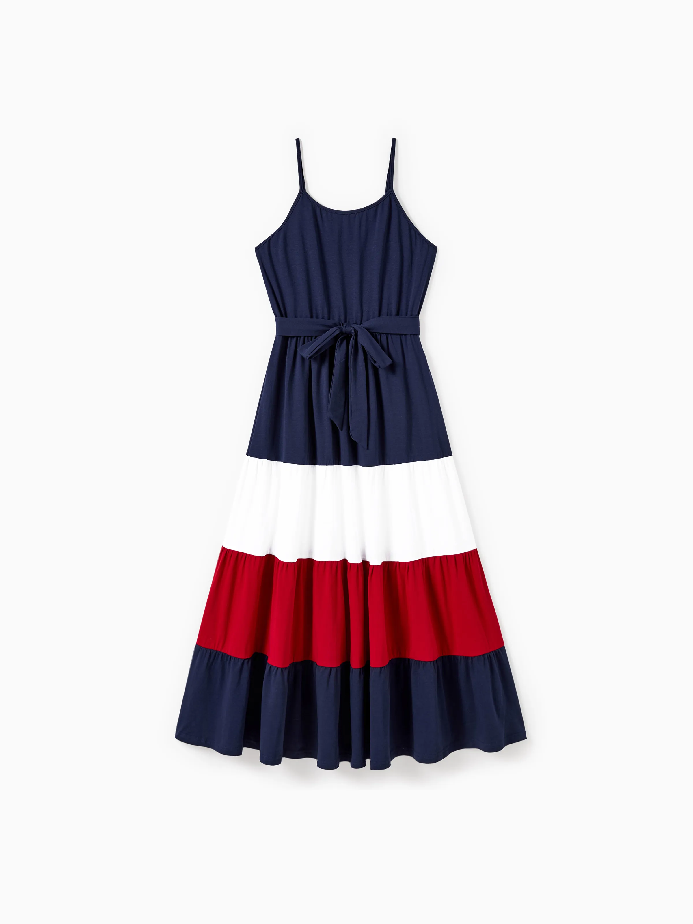 

Family Matching Color Block Tee and Strap Belted A-Line Pleated Ruffle Hem Dress Sets