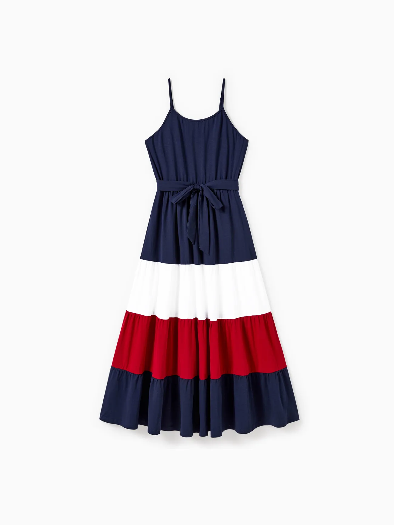 Family Matching Color Block Tee and Strap Belted A-Line Pleated Ruffle Hem Dress Sets MultiColour big image 1