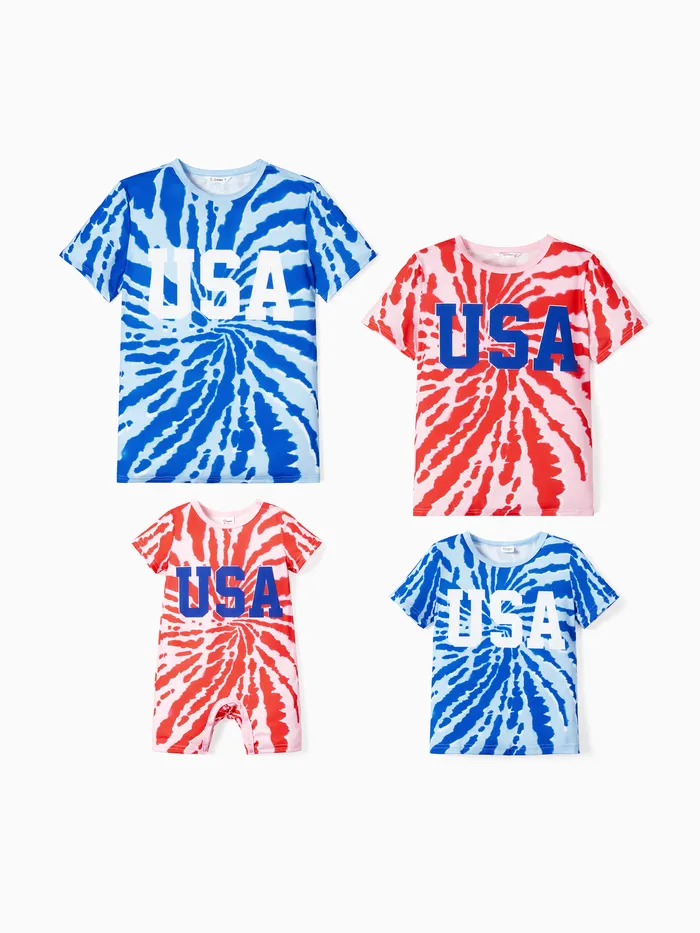 Independence Day Family Matching Tie-Dye Print USA Short Sleeves Letter Top