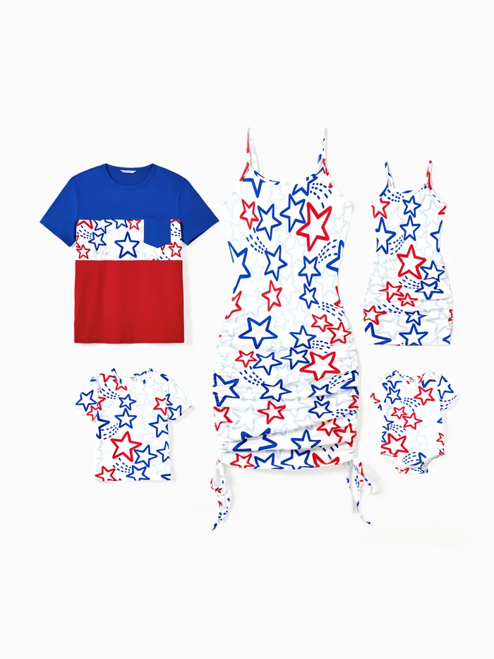 Family Matching Color Block Tee and Star Pattern Drawstring Sides Body-con Strap Dress Sets