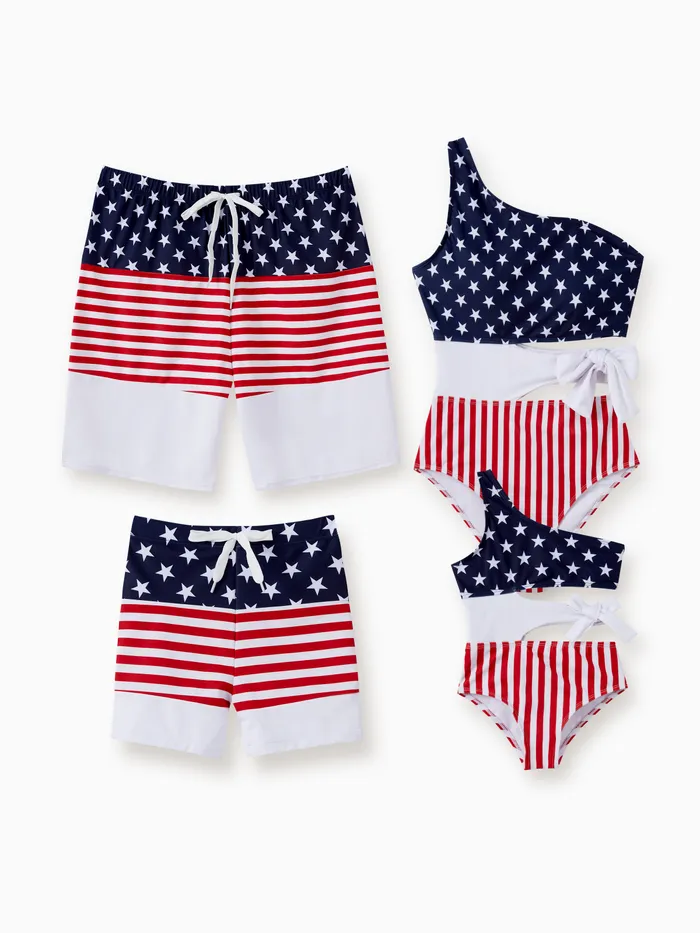عيد الاستقلال الأسرة مطابقة اللون كتلة الرباط السباحة سروال أو العلم الأمريكي واحد الكتف التعادل الخصر قطعة واحدة ملابس السباحة
