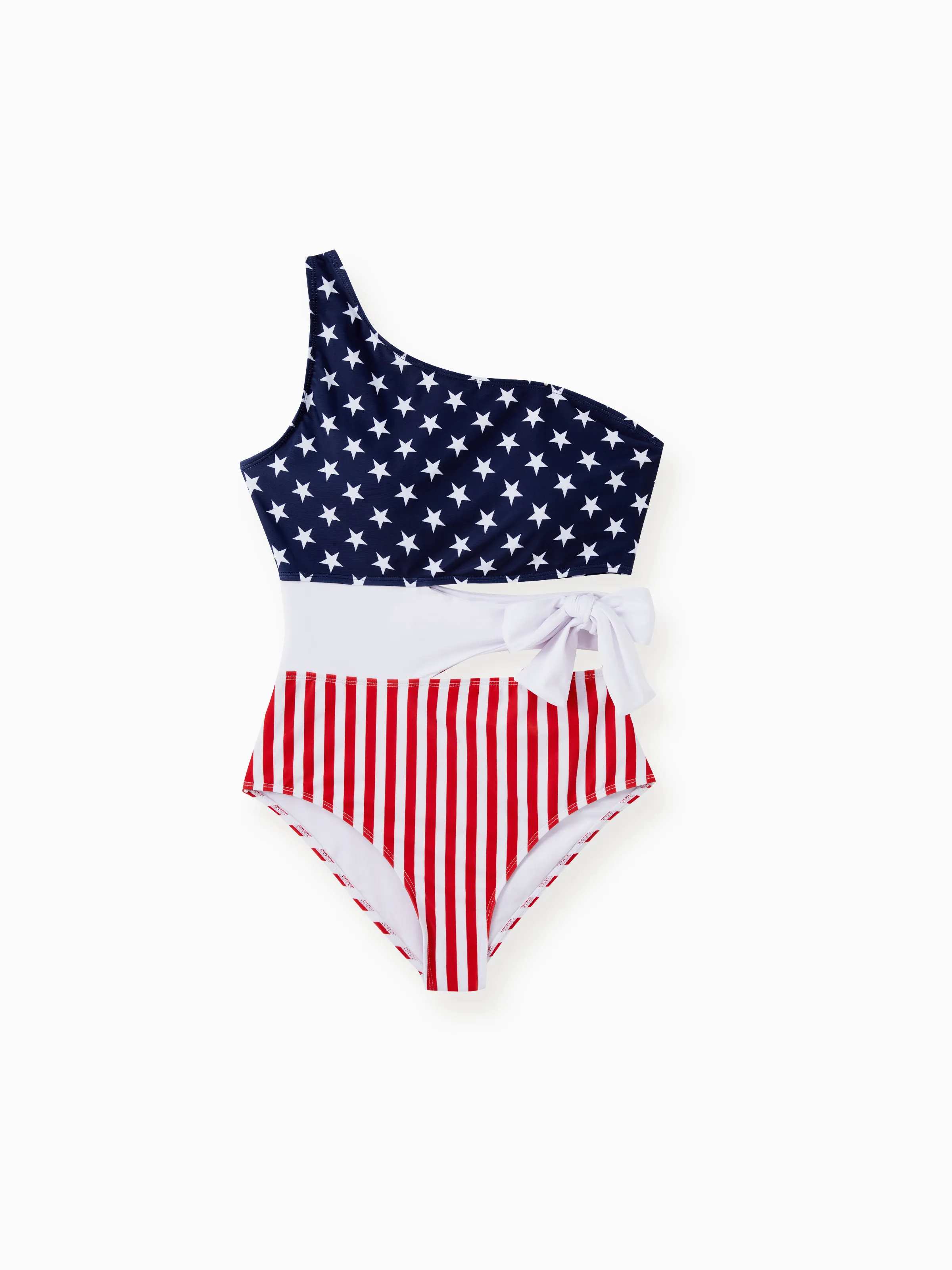 

Independence Day Family Matching Color Block Drawstring Swim Trunks or American Flag One Shoulder Tie Waist One-Piece Swimsuit