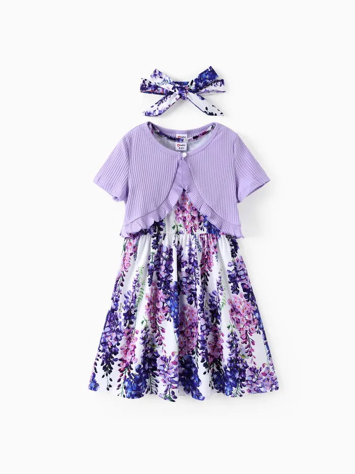 Kid Girl 3pcs Ruffled Cardigan and Floral Print Dress with Headband Set