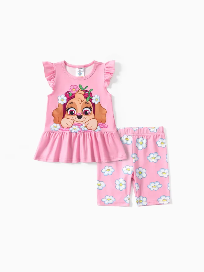 Paw Patrol Toddler Girls 2pcs Personagem bonito Floral Estampa Flutter-sleeve Top com Flor Rainbow Print Leggings Set