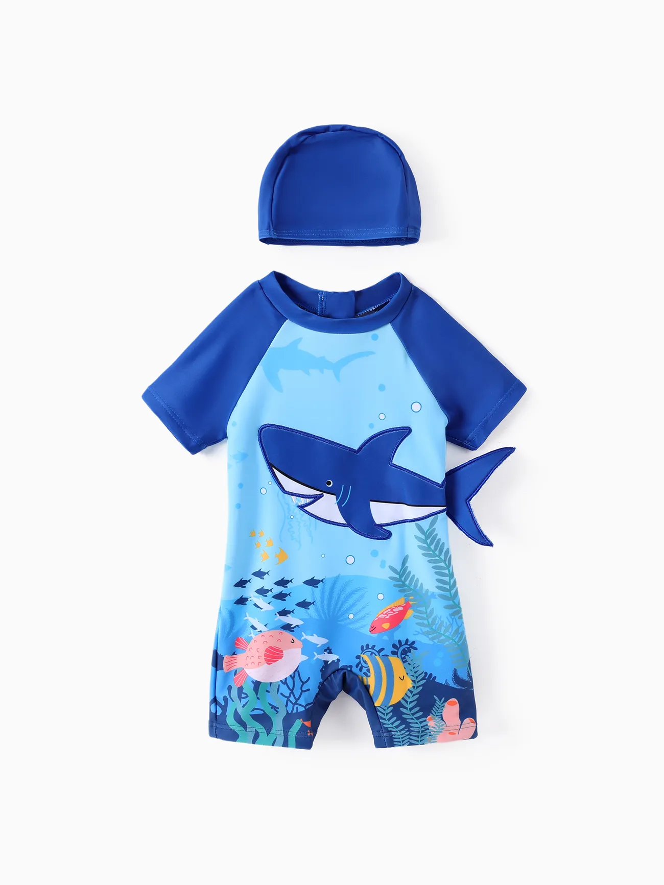 Baby Boy 2pcs Marine Shark Print Swimsuit with Swimming Cap  Sky blue big image 1