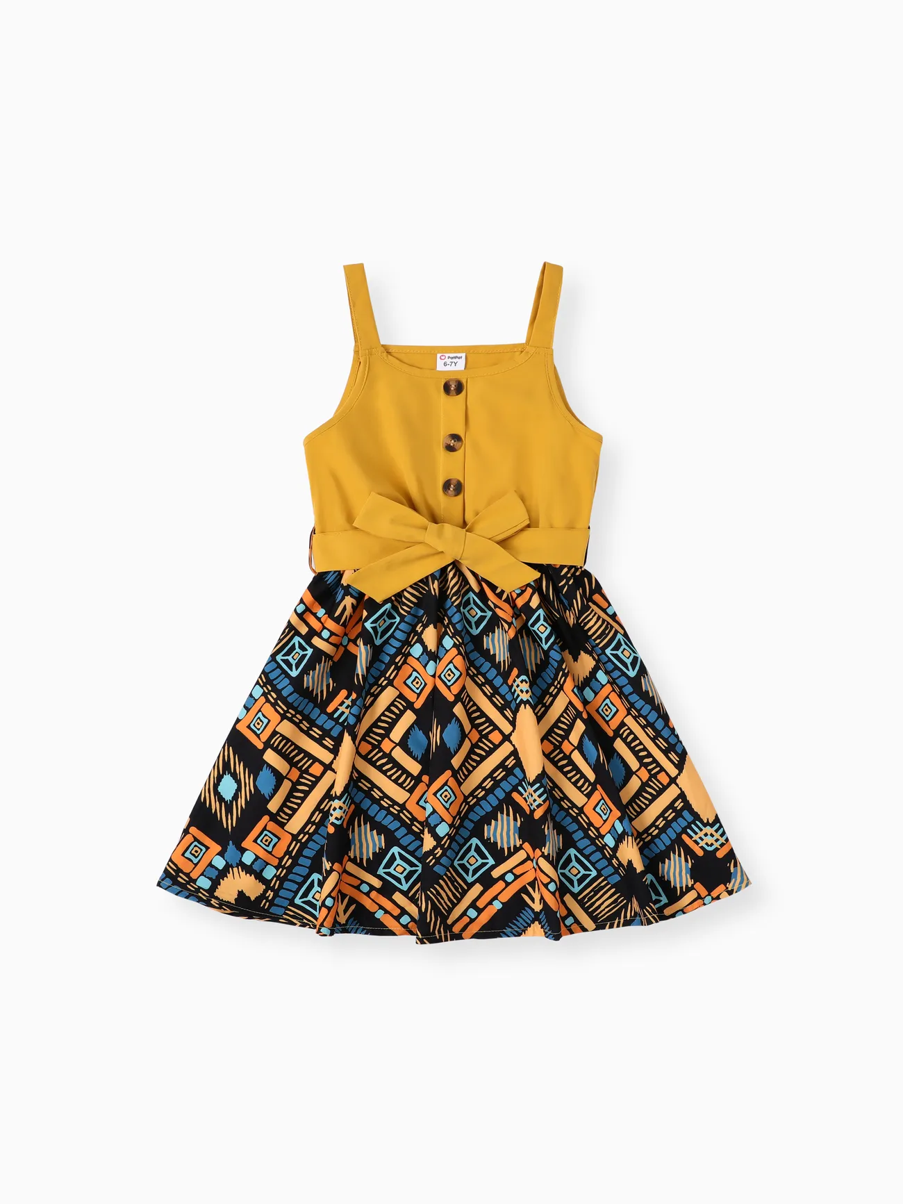 Kid Girl Bohemia Ethnic Print Colorblock Dress Yellow big image 1