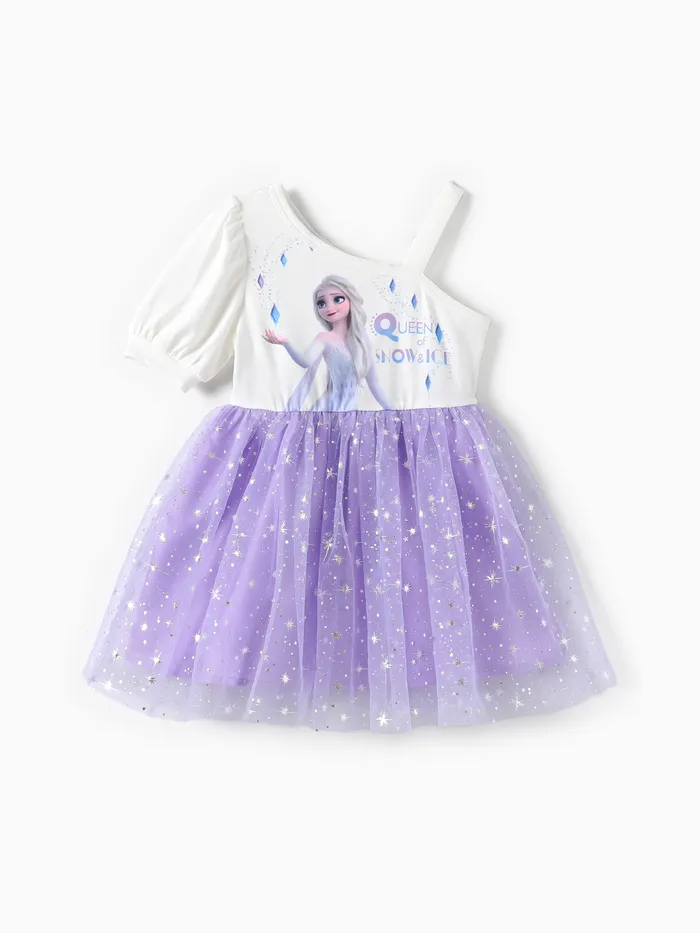 Disney Frozen Toddler Gilrs Elsa 1pc Naia™ Slanted Shoulder with Silver-Starred Print Tulle Puffy Dress