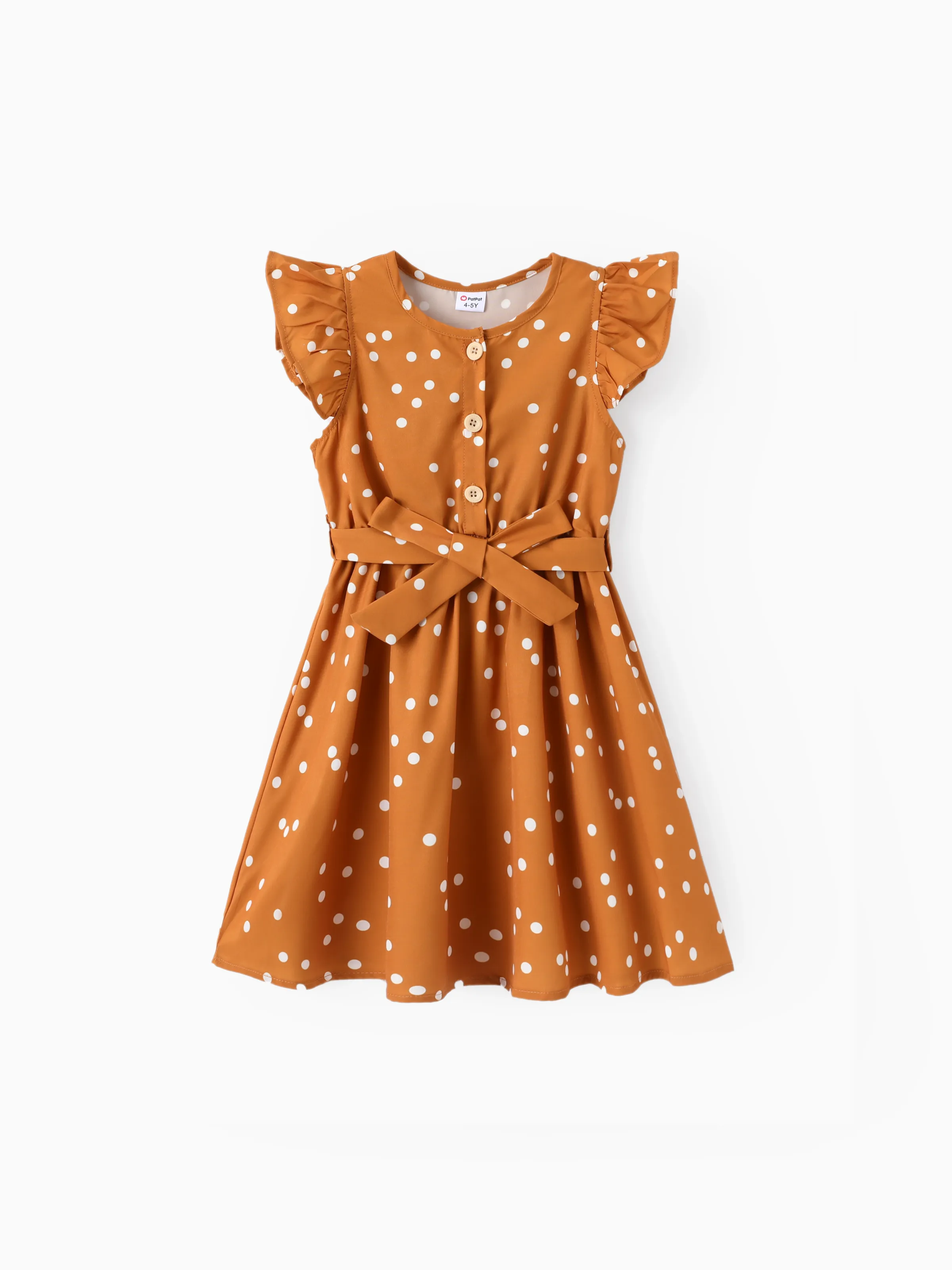 

Kid Girl Polka dots Button Design Flutter-sleeve Belted Dress