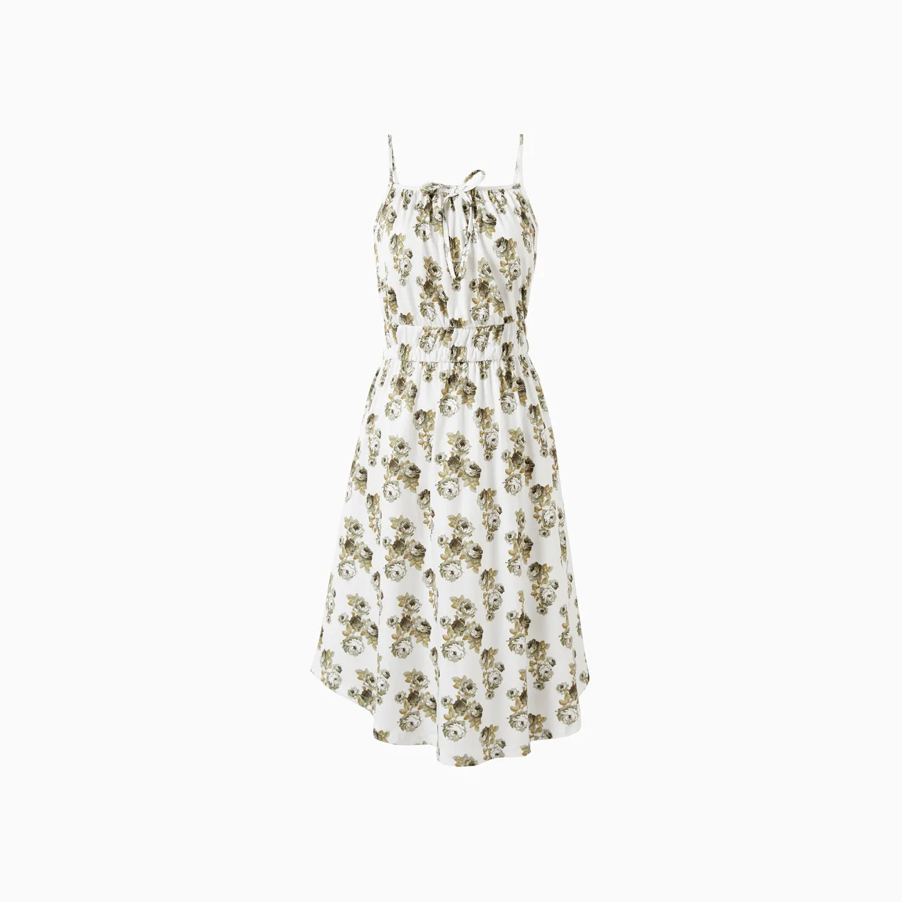 Mommy and Me Elastic Drawstring Waist Tie Neck Floral A-Line Strap Midi Dress