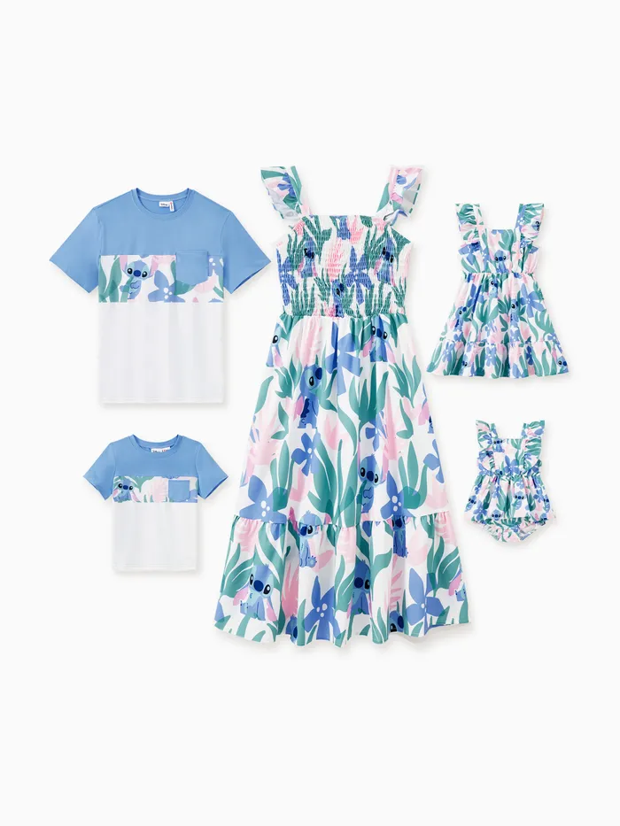 Disney Stitch Family Matching 花卉植物印花 T 恤/荷葉邊袖連衣裙