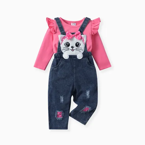 2pcs Baby Girls Ruffled Tshirt and 3D Cat Animal print Jeans Overall Set 