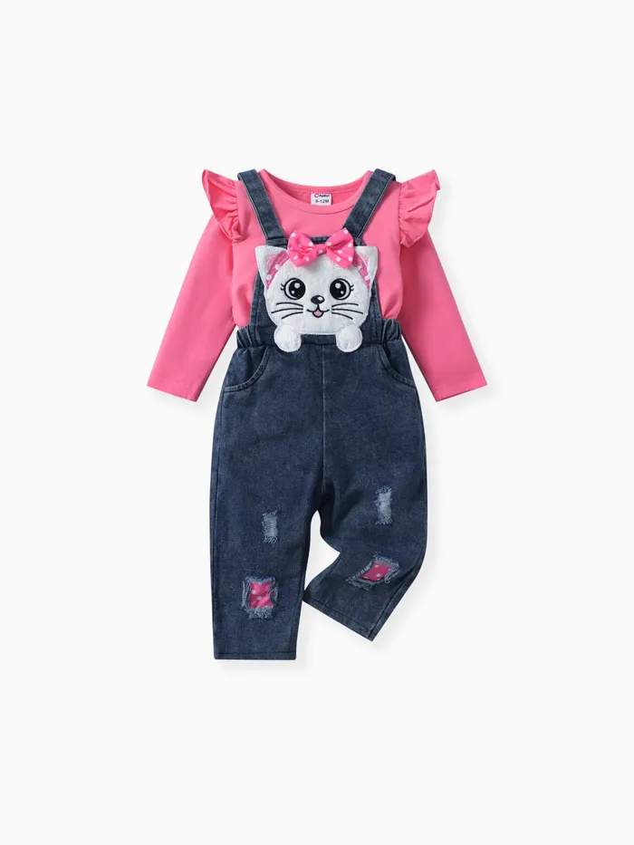 2pcs Baby Girls Ruffled Tshirt and 3D Cat Animal print Jeans Overall Set 