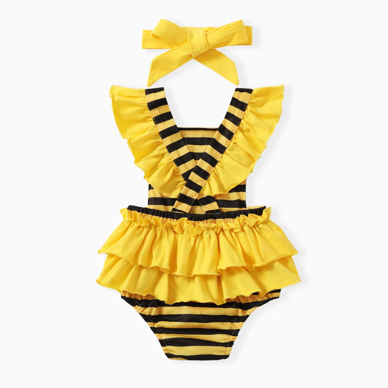 2pcs Baby Girls Marine Flutter Sleeve Romper Set Yellow big image 1
