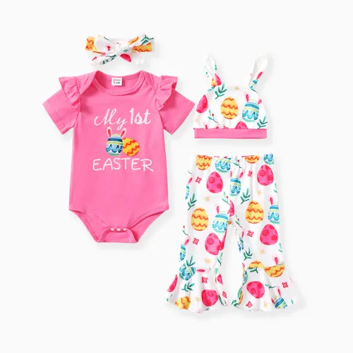4pcs Baby Girl  Easter Set with Alphabet Print Top, Printed Leggings, Hat and Headband