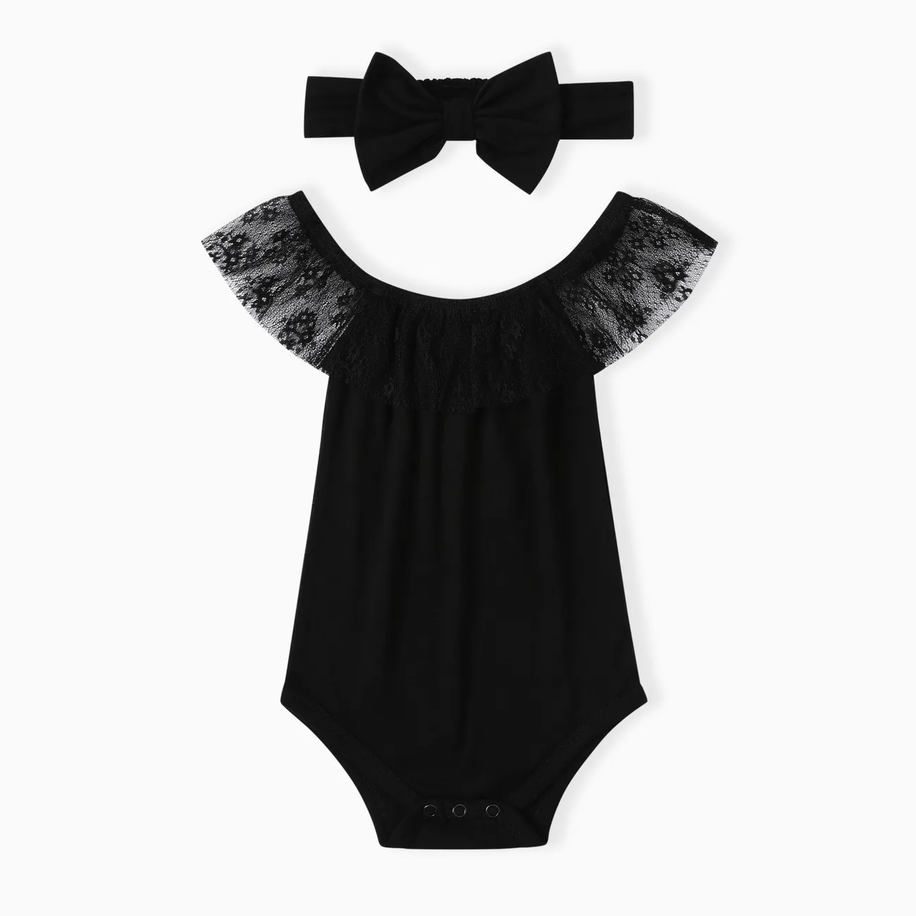 2pc Baby Girls  Avant-garde  Solid Color Sleeveless Ruffle Romper and Headband Set  Black big image 1