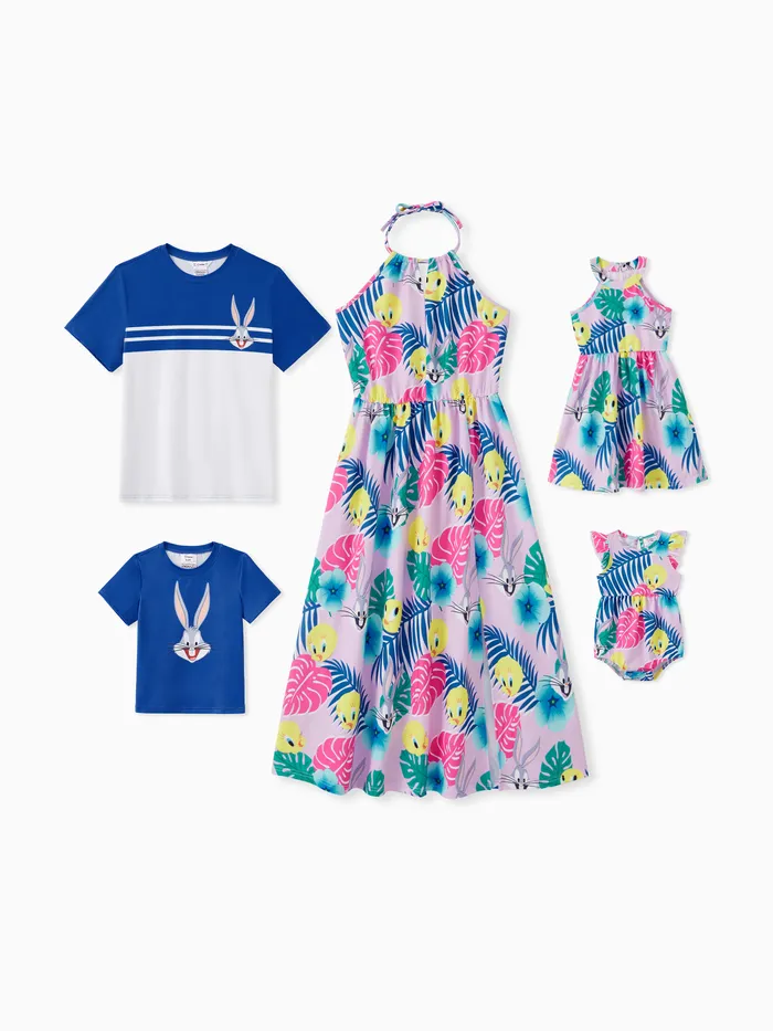 Looney Tunes Family Matching Flower Palm Leaf Character Print Onesie/Sleeveless Dress/T-shirt