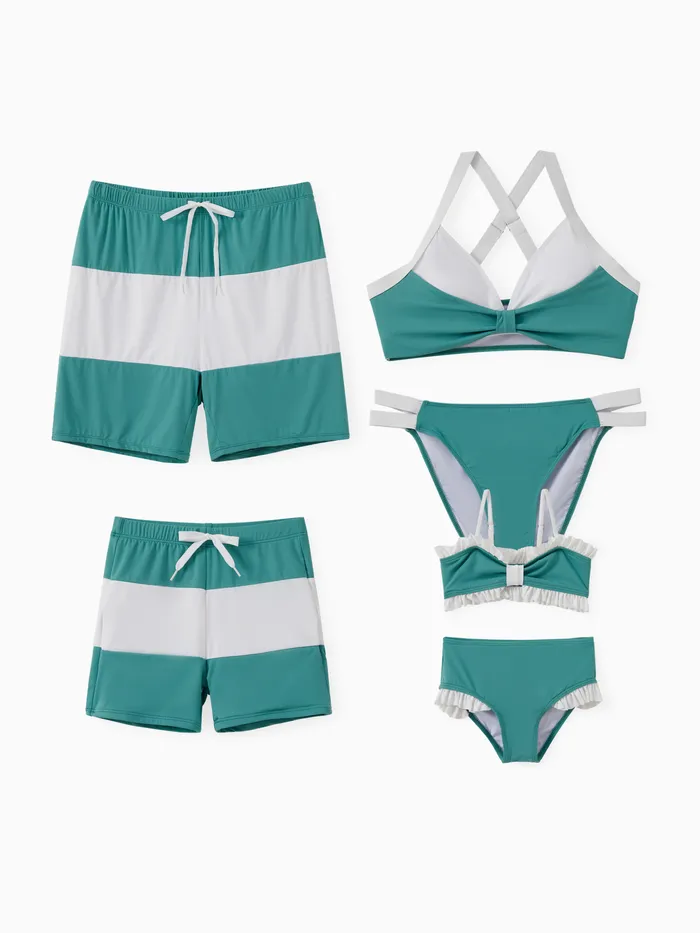 UPF50+ Family Matching Green and White Color Block Drawstring Swim Trunks or Bikini (Sun-Protective)
