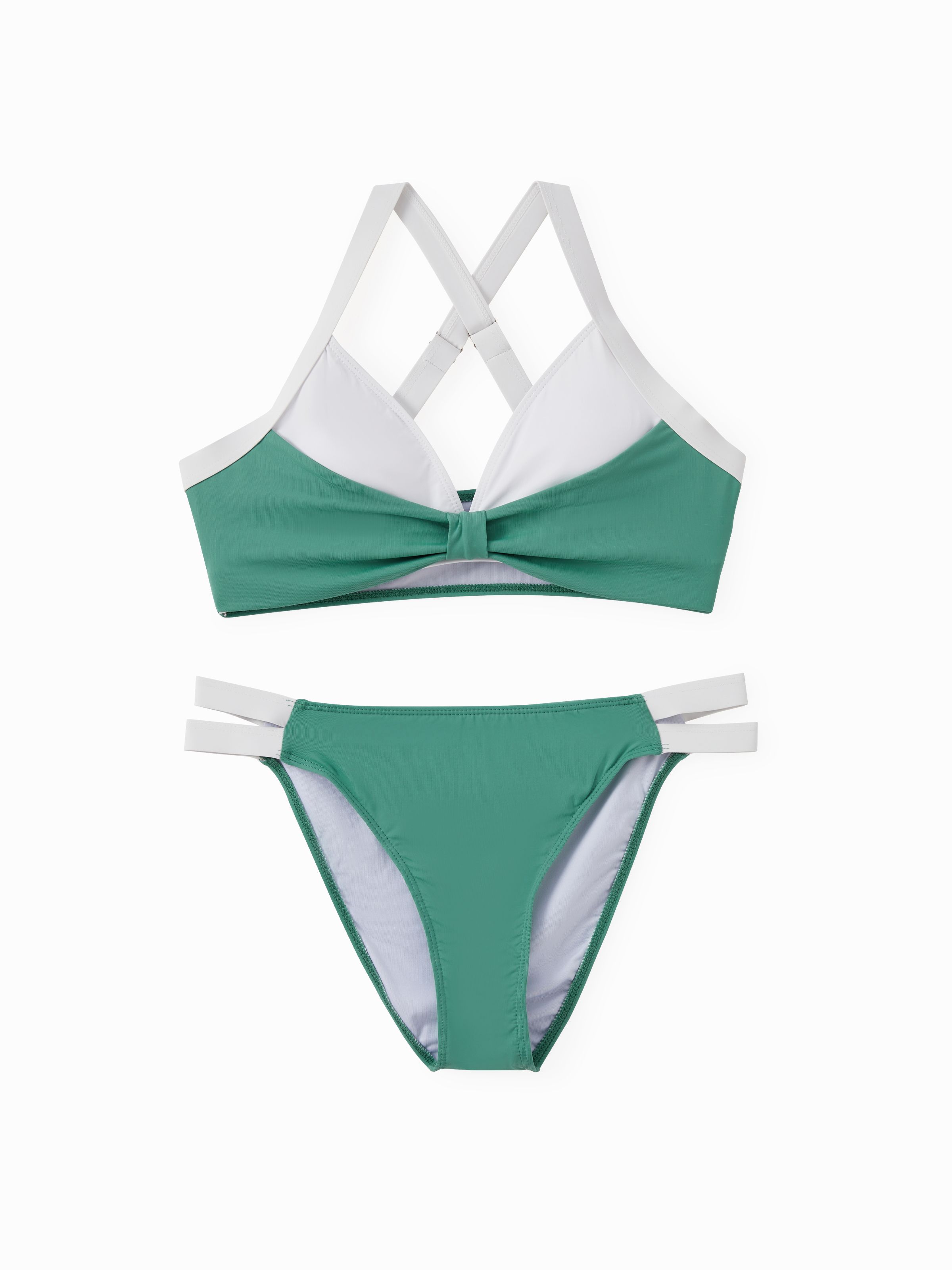 

UPF50+ Family Matching Green and White Color Block Drawstring Swim Trunks or Bikini (Sun-Protective)