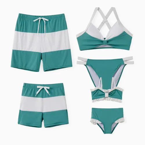 UPF50+ Family Matching Green and White Color Block Drawstring Swim Trunks or Bikini (Sun-Protective)