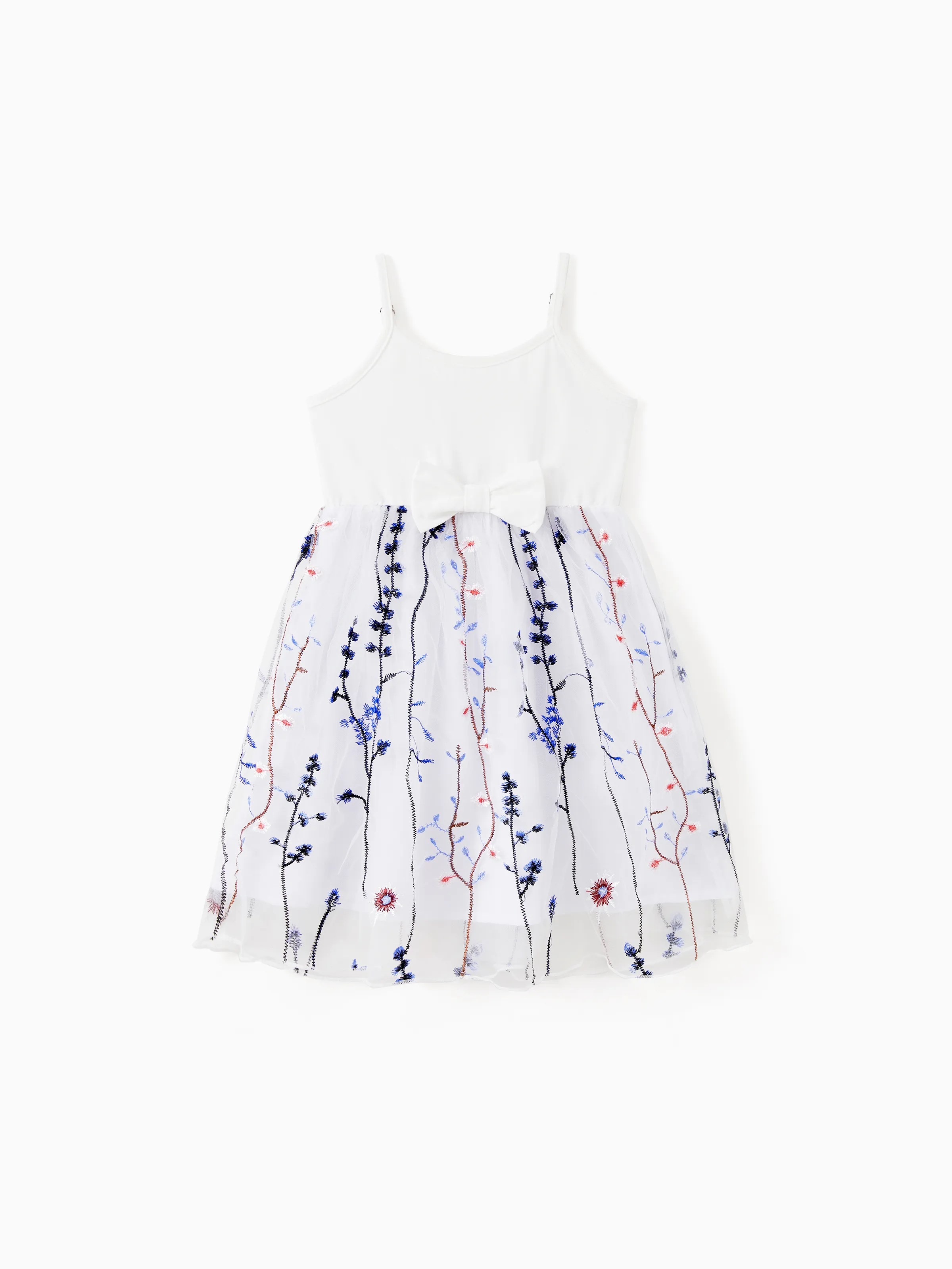 

Family Matching Solid Color/Raglan Sleeves Cotton Tee or White Cami Top Spliced Embroidered Tulle Dress