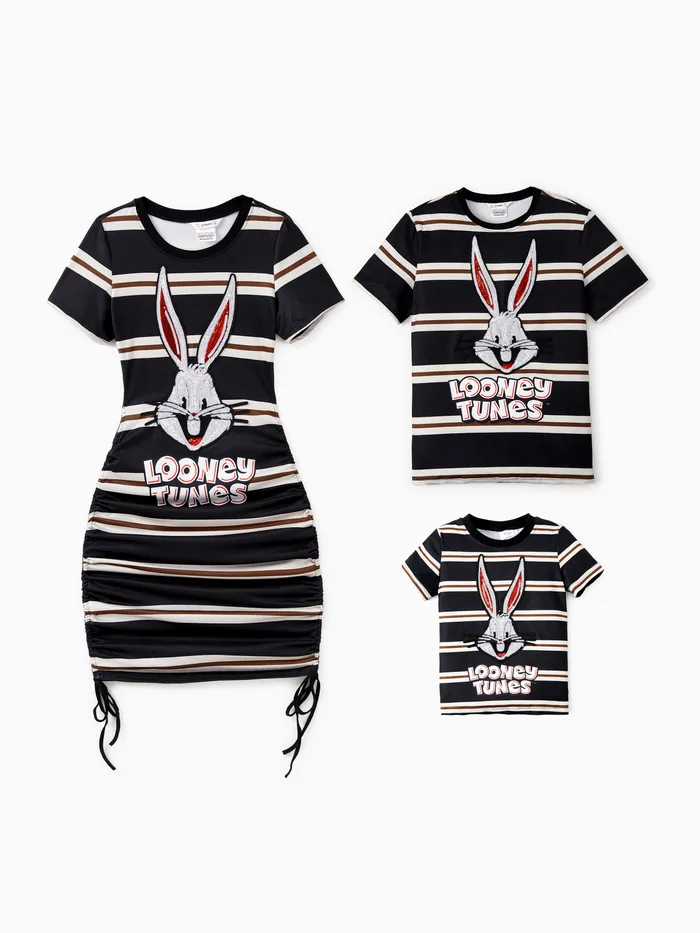 Looney Tunes Family Matching Cotton Bugs Bunny Character Striped Print Camiseta/Vestido