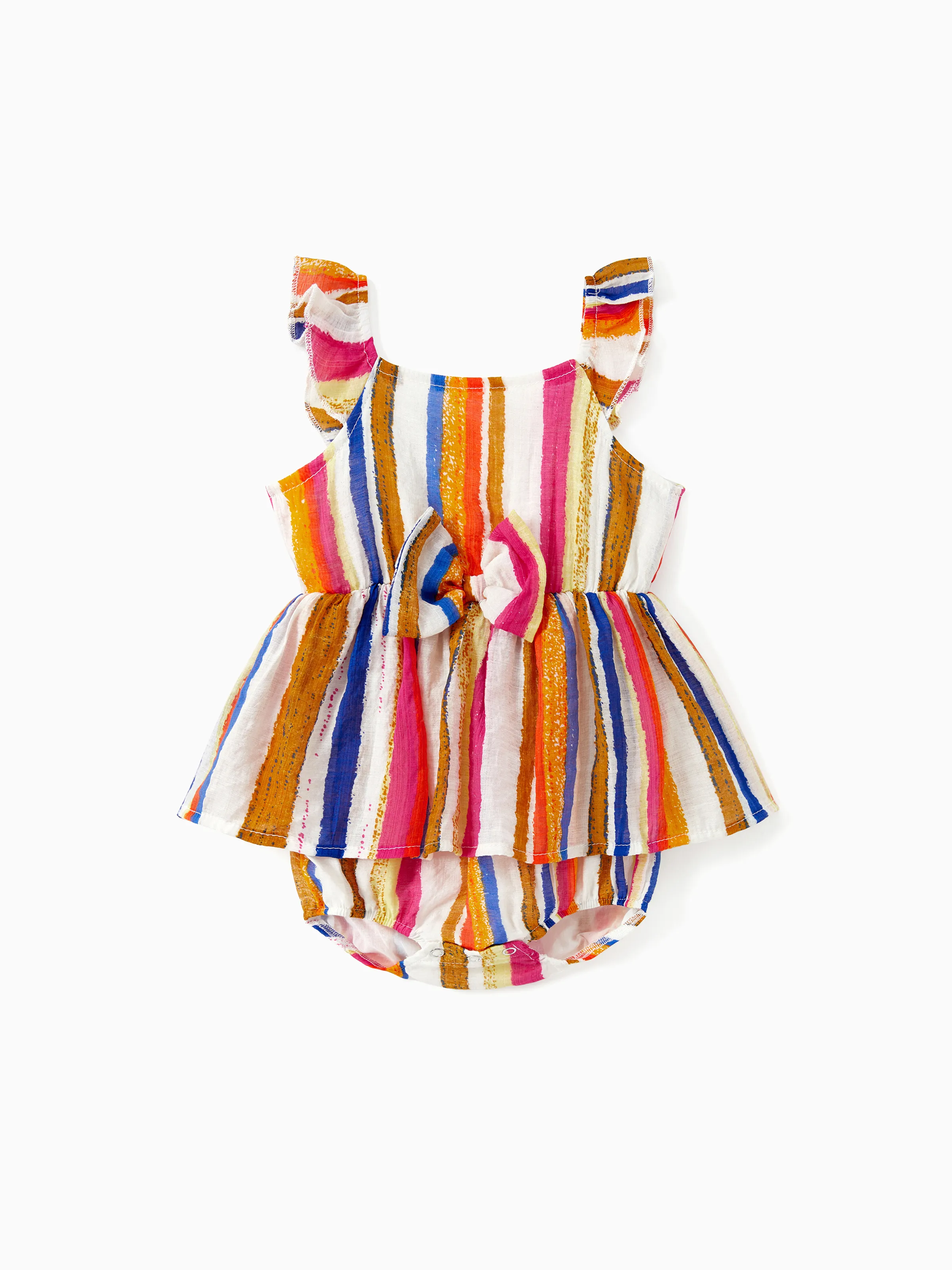 

Family Matching Sets Colorful Vertical Stripe Tee or Ruffle Hemline Belted Halter Dress