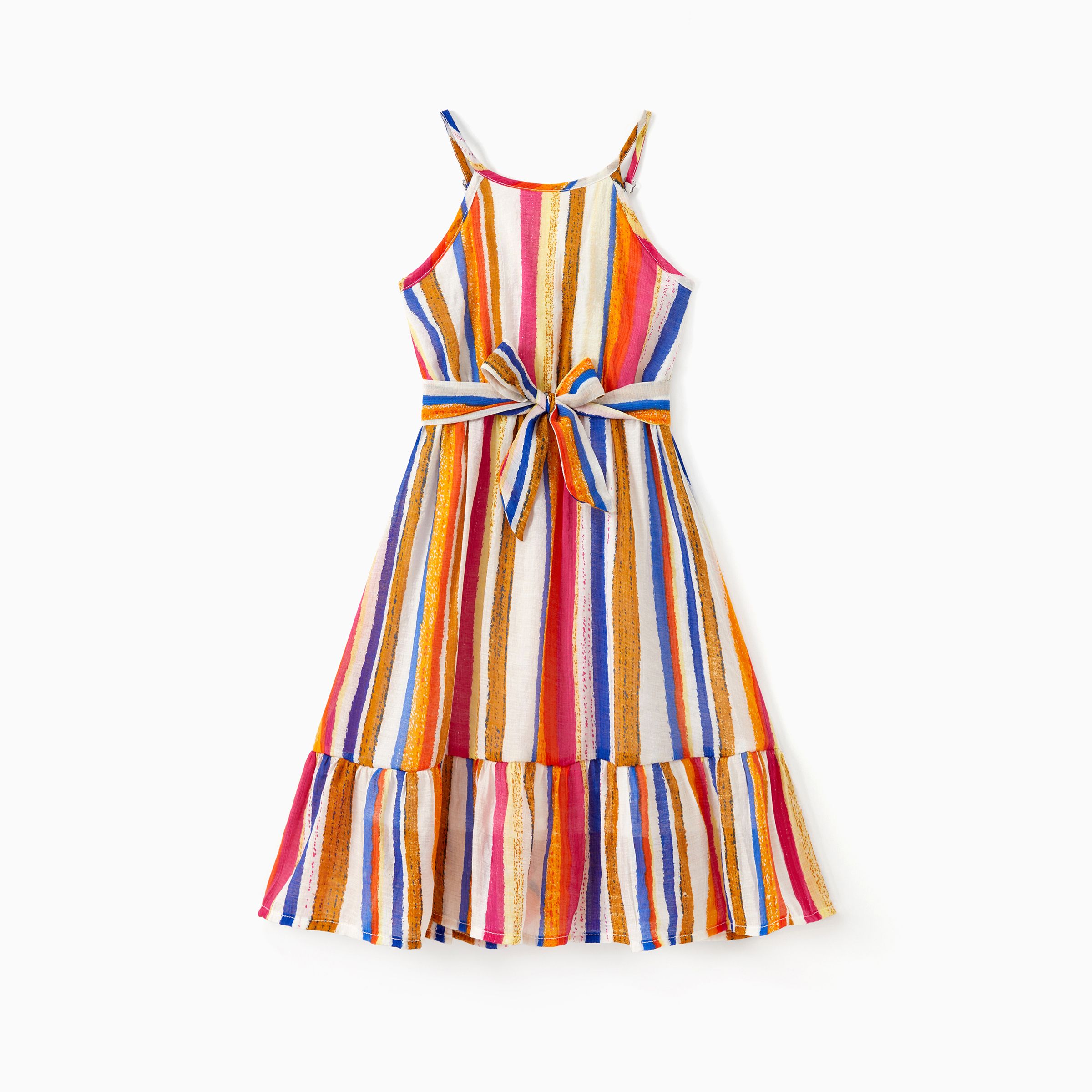 

Family Matching Sets Colorful Vertical Stripe Tee or Ruffle Hemline Belted Halter Dress
