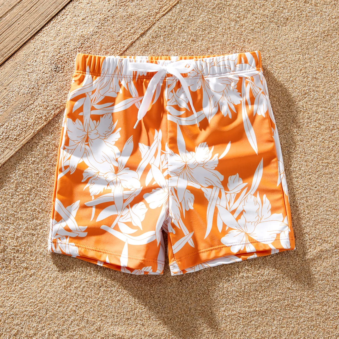Family Matching Orange Floral Drawstring Swim Trunks or Cross Front Drawstring Sides One-Piece Swimsuit Orange big image 1