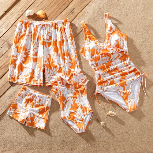 Family Matching Orange Floral Drawstring Swim Trunks or Cross Front Drawstring Sides One-Piece Swimsuit
