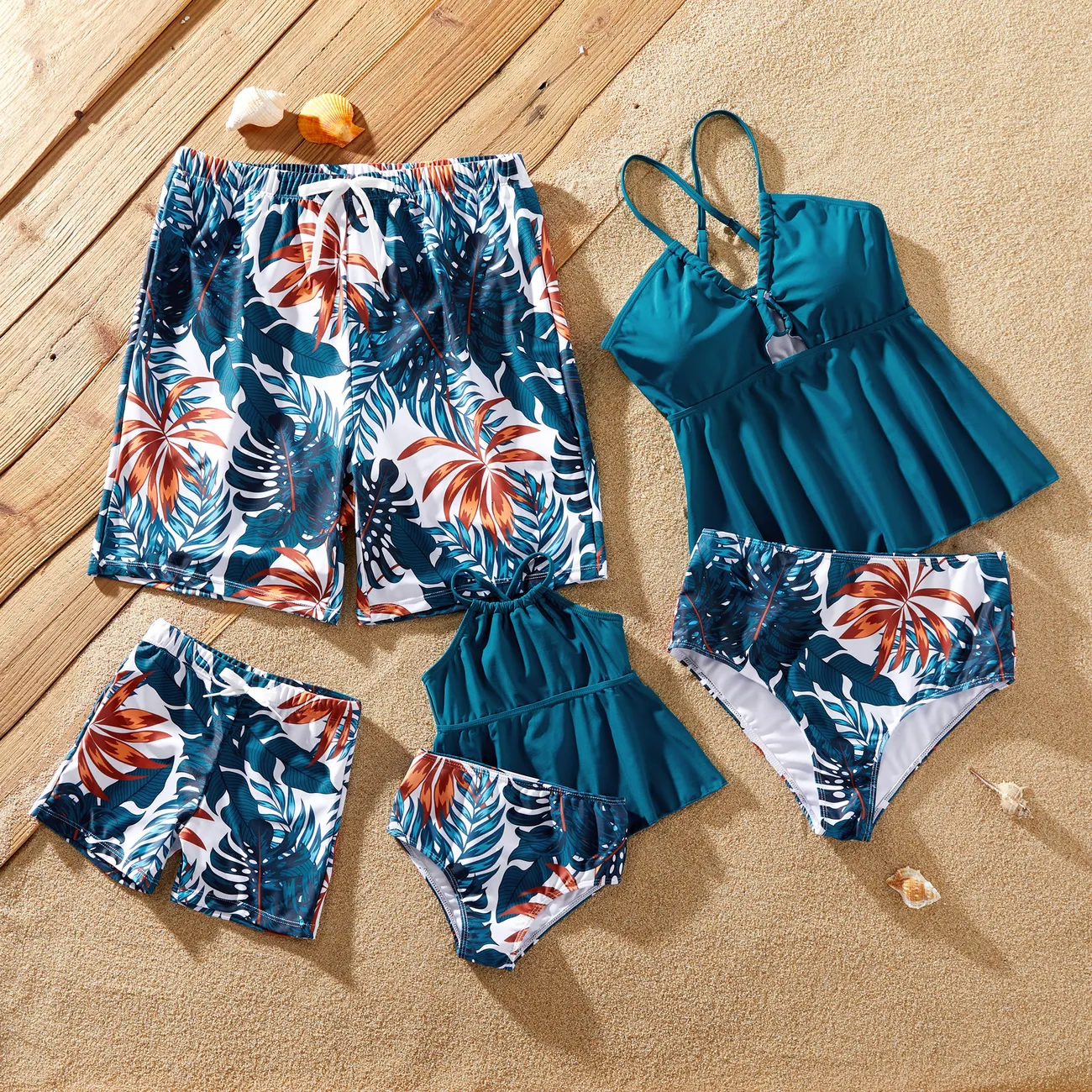 Family Matching Swimsuits Tropical Leaf Pattern Drawstring Swim Trunks or Cross Strap Flowy Tankini Green big image 1