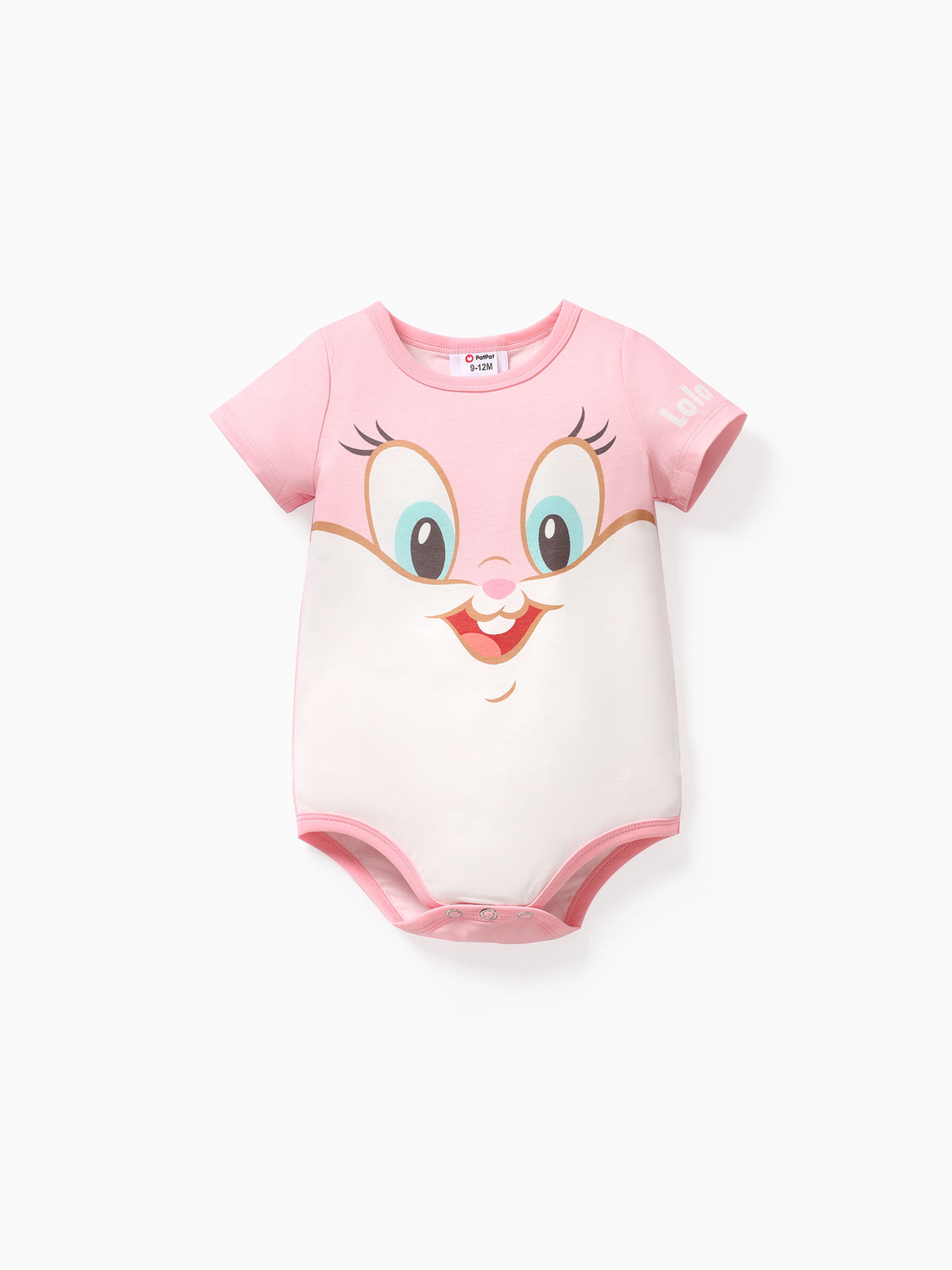 Looney Tunes 2pcs Baby Girl 100% Cotton Crepe Graphic Overalls and Allover Print Short-sleeve Romper Set