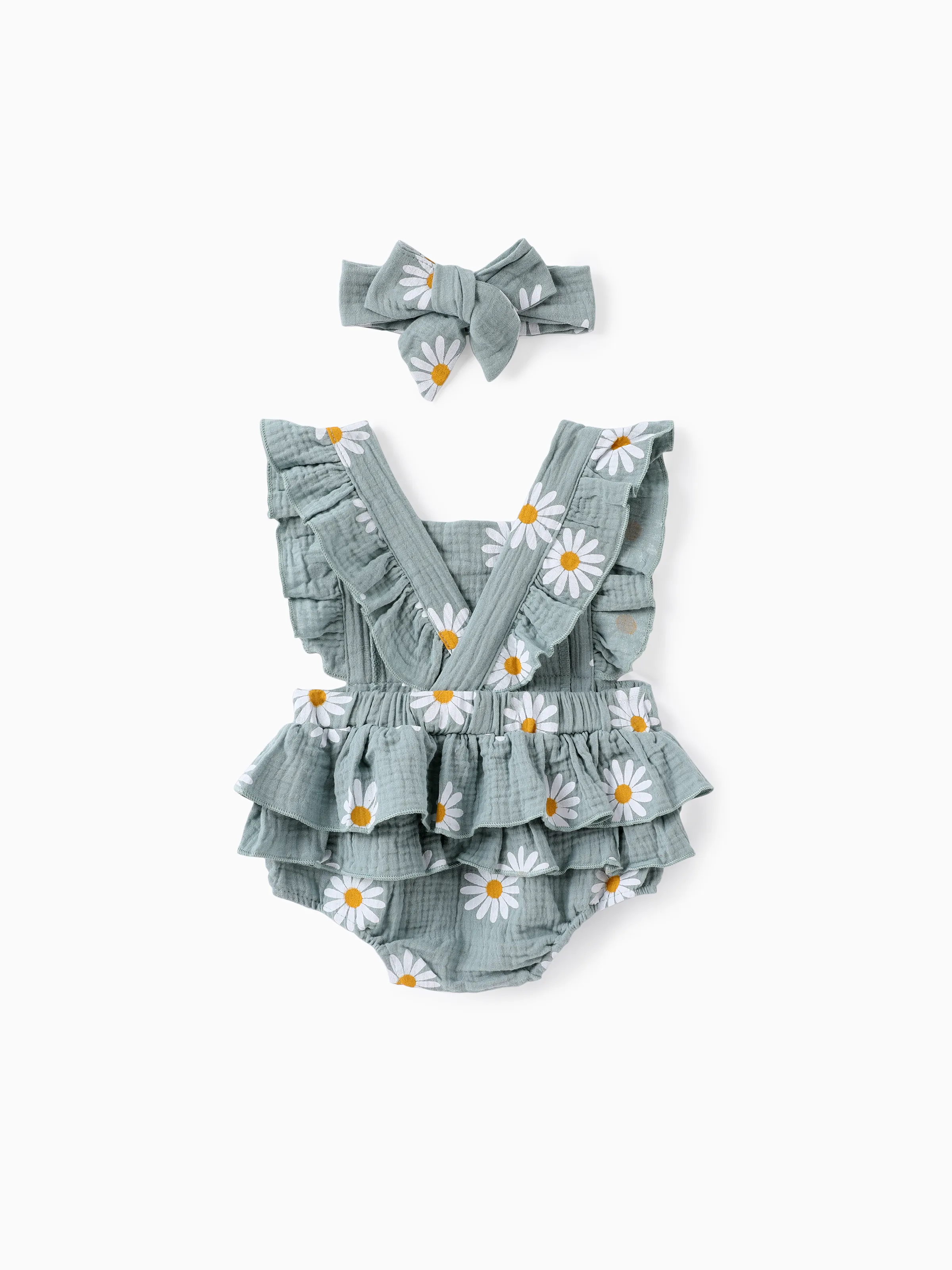 

100% Cotton 2pcs Daisy Print Crepe Fabric Baby Romper Set