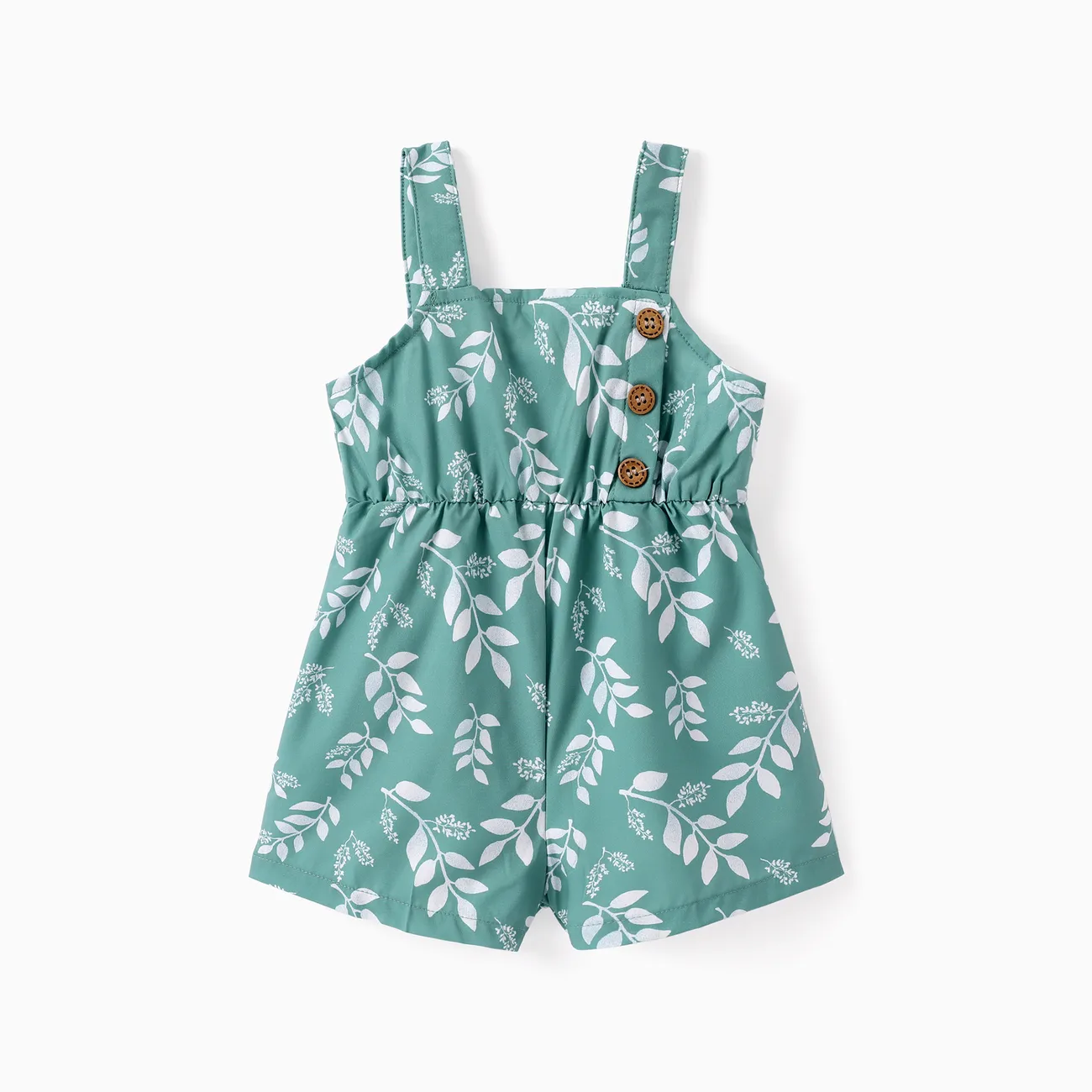 Toddler Girl Leaf Print Button Design Strap Romper