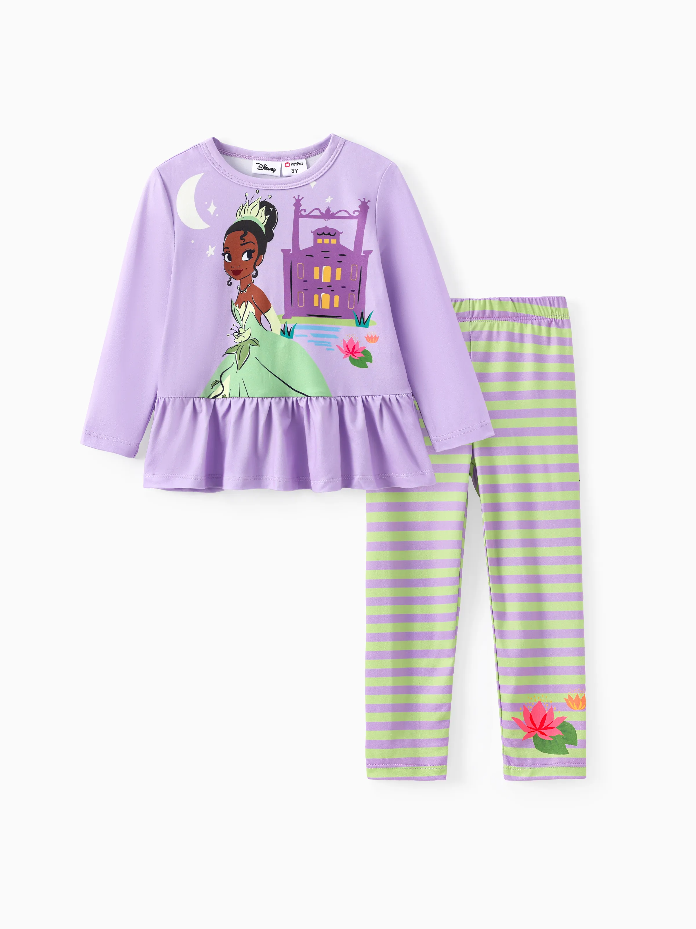 

Disney Princess Toddler Girl 2pcs Character Print Peplum Long-sleeve Tee and Stripe Pants Set