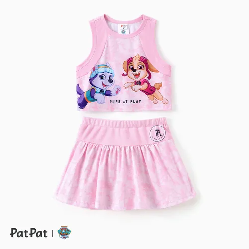 PAW Patrol Toddler Girls 2pcs Camiseta sin mangas con estampado de personajes teñidos con conjunto deportivo de falda