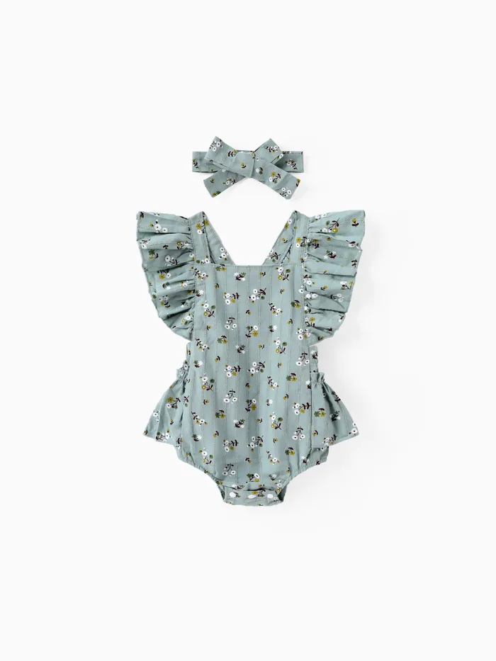 2pcs Baby Girl Allover Floral Print Ruffle Trim Sleeveless Romper & Headband Set
