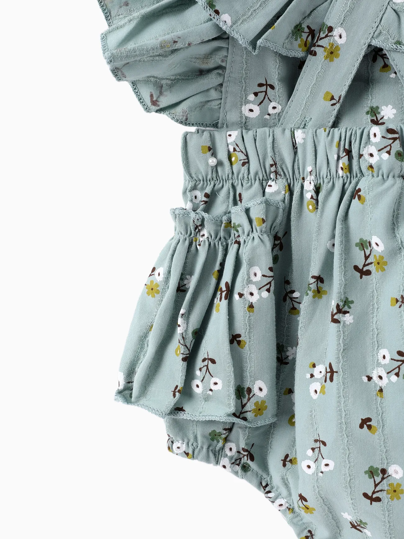 2pcs Baby Girl Allover Floral Print Ruffle Trim Sleeveless Romper & Headband Set Turquoise big image 1